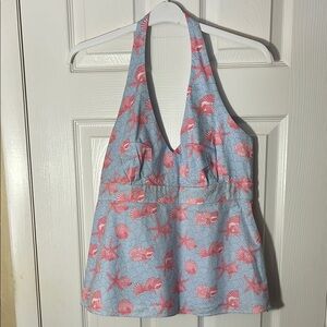 Vineyard Vines NWOT halter top cotton blue pink shells button neck side zip 12
